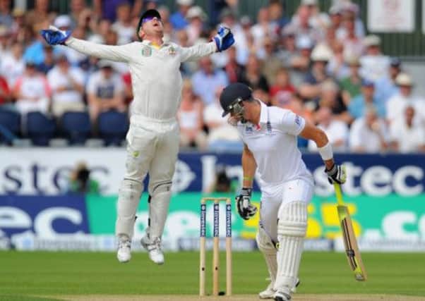 Brad Haddin celebrates the key wicket of Kevin Pietersen, whose attempt to get the better of spinner Nathan Lyon failed . Picture: Getty