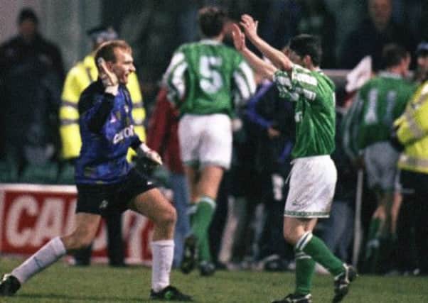 Jim Leighton and Kevin McAllister celebrate Hibs' 2-1 win over Hearts on New Year's Day 1996, 48 hours after they had lost 7-0 to Rangers.  Picture: Contributed