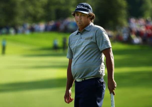 Jason Dufner is disappointed by his missed putt on the 18th during the second round of the US PGA. Picture: Getty