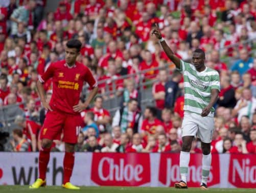 Amido Balde celebrates scoring against Liverpool in Saturdays friendly at the Aviva Stadium in Dublin. Picture: Liam McBurney/PA