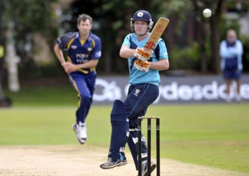 Saltires opener Hamish Gardiner glances the ball off the bowling of Graham Onions. Picture: Donald MacLeod