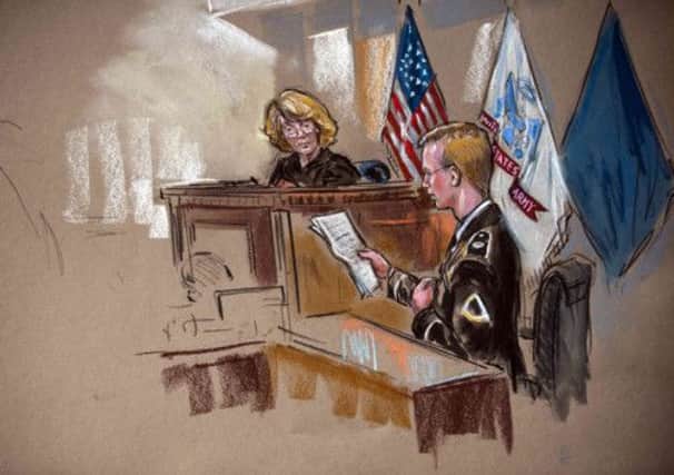 Bradley Manning is pictured in a courtroom sketch testifying at Fort Meade. Picture: Reuters