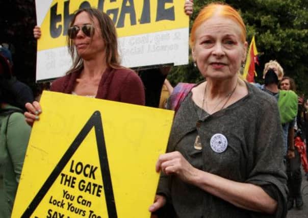Vivienne Westwood with an anti-fracking sign at Balcombe. Picture: PA