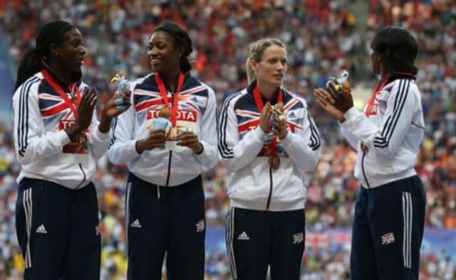 Margaret Adeoye, Eilidh Child, Christine Ohuruogu and Shana Cox during the medal ceremony. Picture: Getty