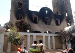 The burned facade of Prince Tadros Coptic church. Picture: Getty
