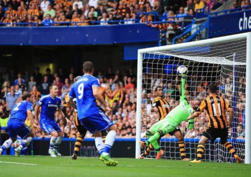 Branislav Ivanovics header is blocked, goalline technology confirmed that the ball had not crossed the line. Picture: Richard Heathcote/Getty