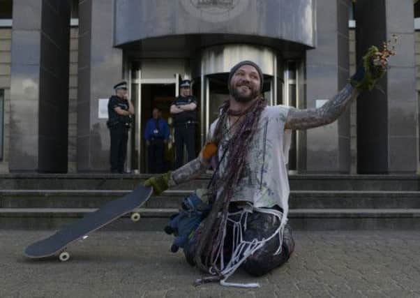 Bam Margera outside Glasgow Sheriff Court after spending a night in police custody. Picture: SWNS
