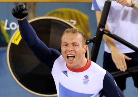 Sir Chris Hoy celebrates winning gold at London 2012. Picture: PA