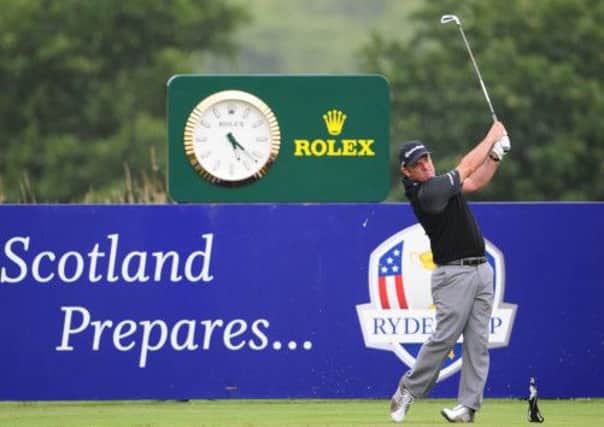 Ryder Cup captain Paul McGinley tees off on the 17th hole at Gleneagles yesterday. A new partnership agreed today is set to boost golf tourism in Perth and Kinross. Picture: Ian Rutherford