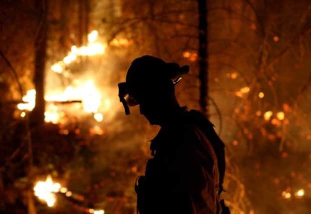 A firefighter from Cosumnes Fire Department monitors the flames in Groveland, California. Picture: Getty