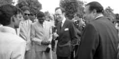 Malcolm Rifkind (George Youngers successor as Scottish Secretary) and publisher Robert Maxwell chat to the team from Botswana in July 1986. Picture: Alan Macdonald