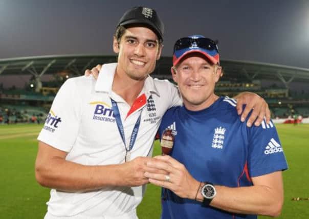 England captain Alastair Cook and head coach Andy Flower pose with the Ashes urn after the final match at the Oval. Picture: Getty
