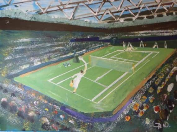 Dorothy Wheatley's painting, entitled 'Andy Murray Serving an Ace at Wimbledon'