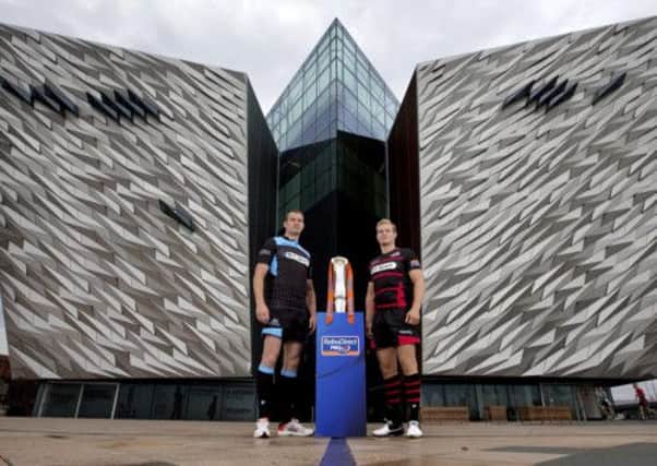 Glasgow Warriors' Alastair Kellock and Edinburgh's Ross Rennie at the PRO12 launch in Belfast. Picture: Billy Stickland