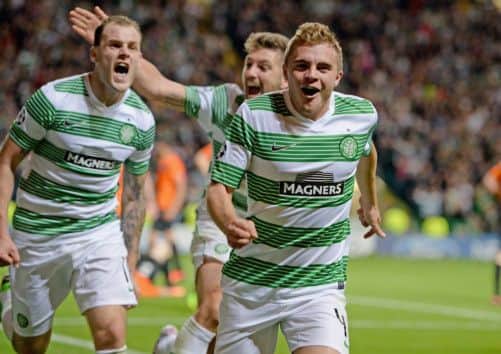 James Forrest celebrates after scoring the winning goal against Skakhter Karagandy last night. Picture: Getty