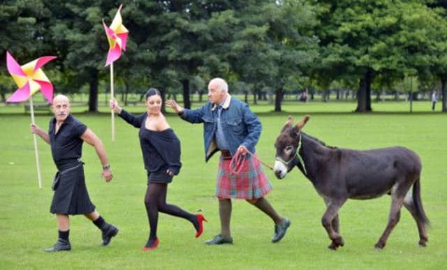 Shalon Sultan, Thibaud (Don Quichotte), Bob Pani and Baxter the donkey are the stars of Don Quichotte Du Trocadero, showing at the Festival Theatre today and tomorrow. Picture: Phil Wilkinson