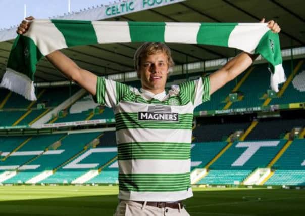 Teemu Pukki is unveiled at Celtic Park. Picture: SNS
