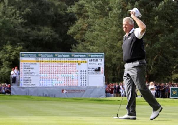Colin Montgomerie acknowledges the crowd after the final round of the Travis Perkins plc Senior Masters. Picture: Getty