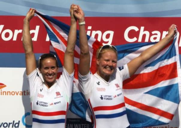Helen Glover and Polly Swann of Great Britain pose with their gold medals. Picture: Getty