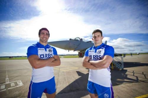 Scotland captain Kelly Brown, left, and Matt Scott launch the national sides new away strip. Picture: Craig Watson/SNS