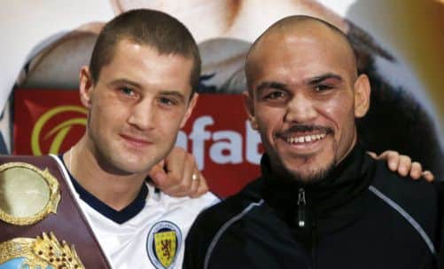 Ricky Burns and Raymundo Beltran meet at a press conference in Glasgow yesterday ahead of their world title fight on Saturday. Picture: PA