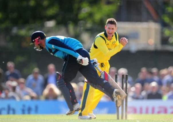 Scotland's Preston Mommsen is run out by Australia's Michael Clarke during the One Day International at the Grange. Picture: Getty