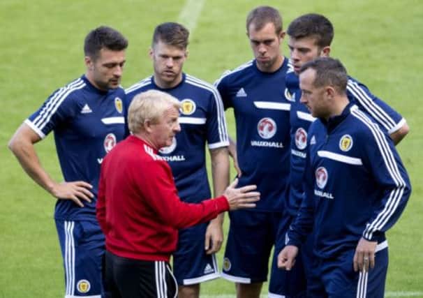 Scotland boss Gordon Strachan addresses members of his Scotland squad at training. Picture: SNS