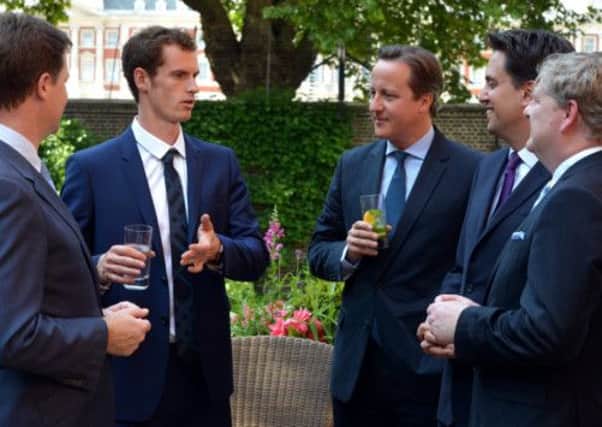 Nick Clegg, Andy Murray, David Cameron, Ed Miliband and Angus Robertson at a cross-party reception. Picture: Getty