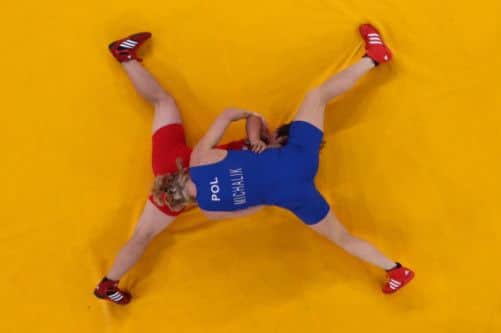 Mi Gyong Choe (red) of DPR Korea and  Monika Ewa Michalik of Poland during their freestyle 63kg tussle at the London Olympics last year. Photograph: Chris McGrath
/Getty
