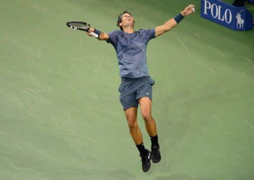 Rafael Nadal celebrates victory over Serbia's Novak Djokovic in the 2013 US Open. Picture: Getty