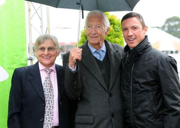 Former jockeys Willie Carson and Lester Piggott with Frankie Dettori at Doncaster Racecourse. Picture: PA