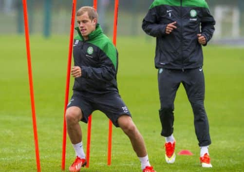 Celtics Teemu Pukki, in line for a debut today, and Georgios Samaras train at Lennoxtown ahead of the clash with Hearts. Picture: SNS