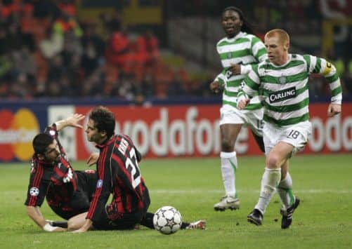 Swansong: Neil Lennons final European game as a Celtic player was the Champions League last 16 defeat by AC Milan in San Siro in 2007. Here he collects the ball as Rino Gatusso and Kaka tumble. 
Photograph: Carlo Baroncini/AFP/Getty Images