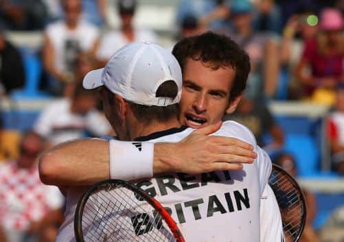 Andy Murray and Colin Fleming celebrate their win against Ivan Dodig and Mate Pavic. Picture: Getty