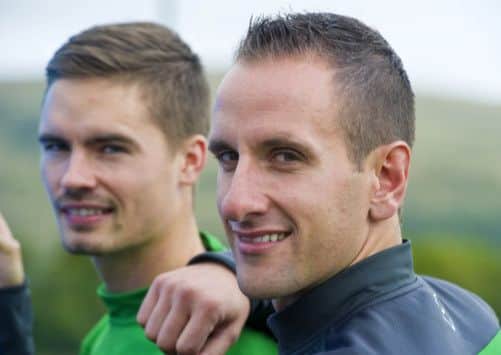 Celtic's youth coach John Kennedy (right) and Mikael Lustig promote Celtic's UEFA Youth League match against AC Milan. Picture: PA