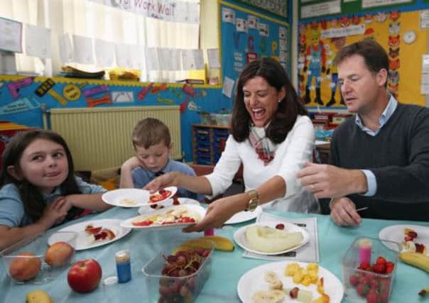 Nick Clegg and wife Miriam Gonzalez Durantez joined a Healthy Eating class at Lairdsland Primary School, Kirkintilloch. Picture: Getty