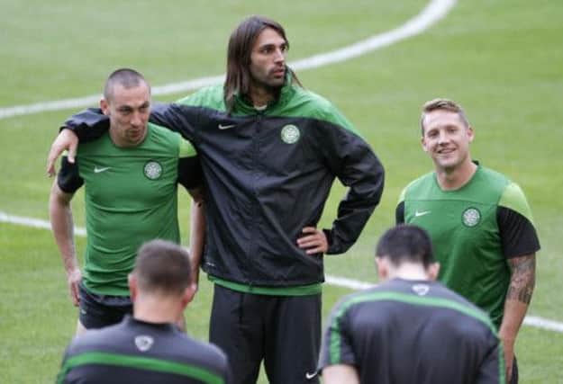 Celtic captain Scott Brown with Giorgios Samaras and Kris Commons during their training session at the San Siro. Picture: Reuters