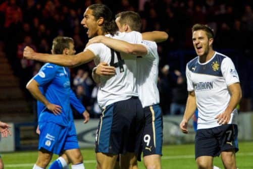 Rangers defender Bilel Mohsni (left) celebrates after opening the scoring. Picture: SNS