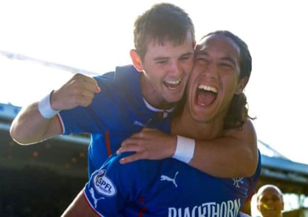 Bilel Mohsni celebrates with David Templeton after scoring against Arbroath on Saturday. Picture: SNS