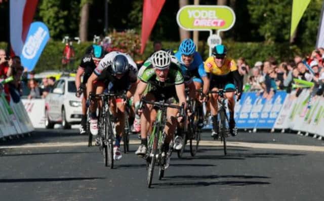 Irelands Sam Bennett leads the field home to win stage five of the Tour of Britain in Caerphilly. Picture: PA