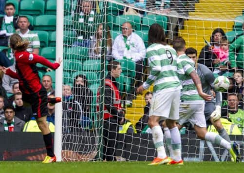 Stevie May thought hed scored with this late effort but it hit the post. Picture: Craig Williamson/SNS