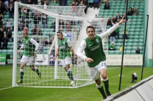 Paul Heffernan wheels away after scoring his second goal in successive games for Hibs on Saturday. Picture: Greg Macvean