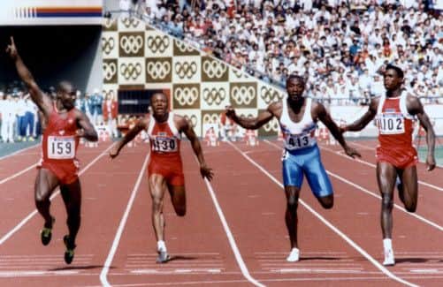 Ben Johnson wins the 100m Olympics final in Seoul on 24 September 1988, days before his failed drugs test. Picture: AFP/Getty Images