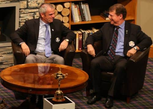 Ryder Cup captains Paul McGinley and Tom Watson take part in a question and answer session in Perth Concert Hall last night. Picture: PA