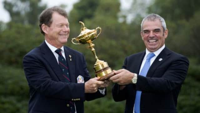 Paul McGinley, right, and Tom Watson are in good spirits as the 'Year to Go' celebrations take place at Gleneagles ahead of the 2014 competition. Picture:  Getty