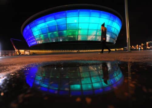 The Glasgow Hydro lit up for the first time. Picture: Robert Perry