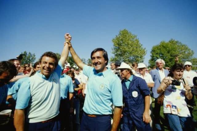 On this day in 1987 Severiano Ballesteros, right, and Tony Jacklin celebrate victory in the Ryder Cup. Picture: Getty