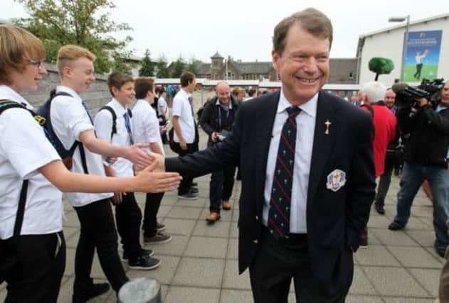 Pupils from Auchterarder school greet Tom Watson during his visit. Picture: PA