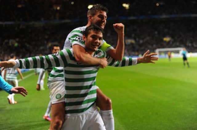 Tony Watt celebrates his winning goal against Barcelona in last year's Champions League. Picture: Robert Perry