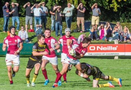 Galas Chris Auld is tackled during a high-octane derby which Melrose won in the dying moments. Picture: Ian Georgeson